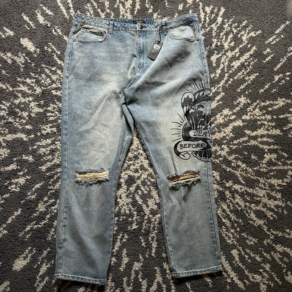 *SOLD* Brand New Ed Hardy light blue jeans with butt print & leg graphic 44x30